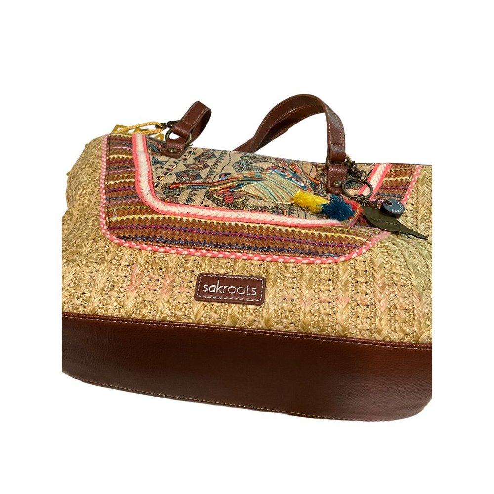 SakRoots Purse Embroidered Owl Raffia Material Tote Shoulder Bag Purse